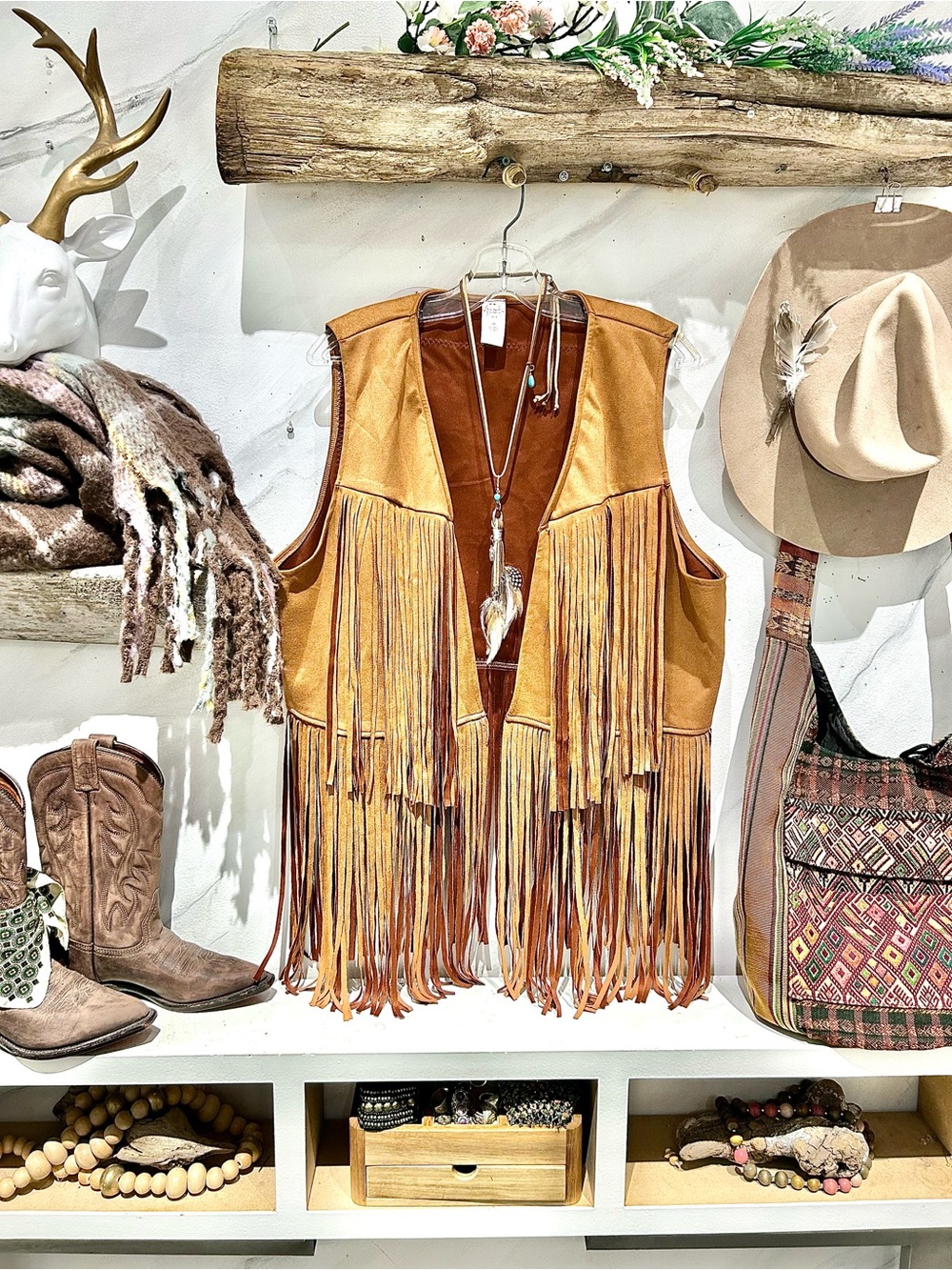 Western Aztec Fringed vegan Suede Vest w country farmhouse cottagecore vibe